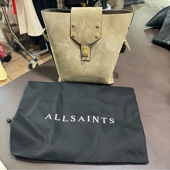 All Saints | NEW! Sughero Brown Suede Miro Stud Embellished Crossbody Bag - Picture 3 of 10